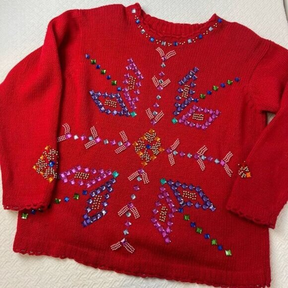 Vintage Joule Vintage Jeweled Sweater Women's Size M / L Bedazzled Christmas Red - Picture 11 of 15